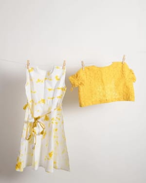 Printed Yellow And White Girl Cotton Dress, Half Sleeves, Party Wear