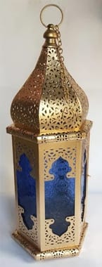 Golden and Blue 12 Inch Brass Moroccan Lantern, For Decoration, Shape: Hexagonal