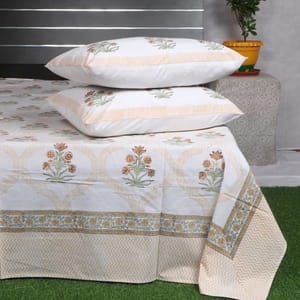 Jaipur Cotton White Base Block Print Double Bed Sheet With Pillow Cover, Size: 90*108