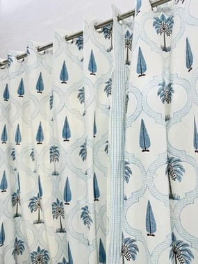 White Cotton Hand Block Printed Curtains, For Door